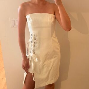 Finders Keepers Strapless Cream Lace-Up Side Midi Dress